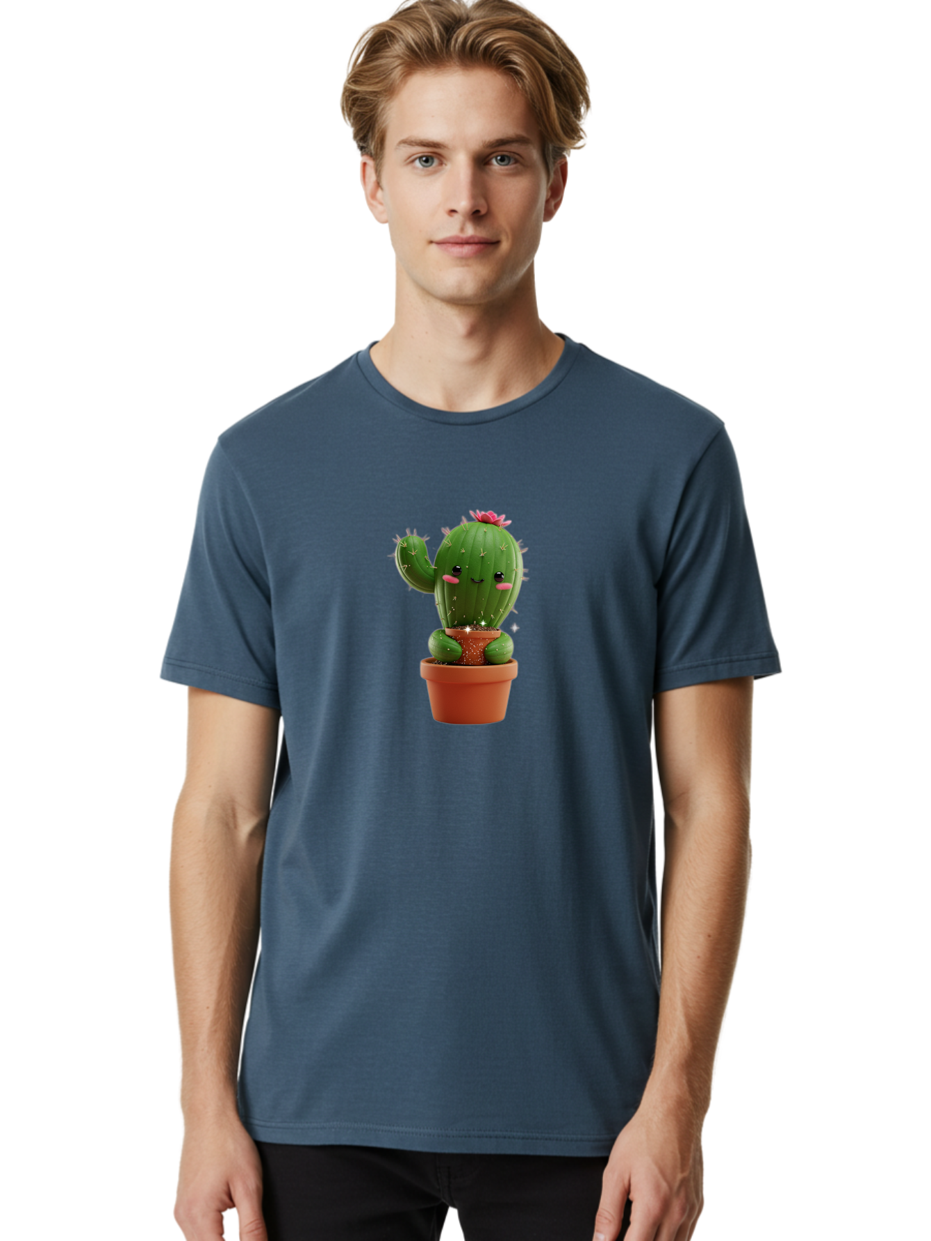 Cactus-With-Pink-Flower Men'S Graphic Tee, 100% Cotton, Comfortable Casual Summer Wear, Machine Washable, Smiling Cactus, Potted Cactus, Cartoon Cactus, Lovely Cactus, Cactus In Pot, Succulent Plant, Cute Character, Kawaii Cactus, Bac762
