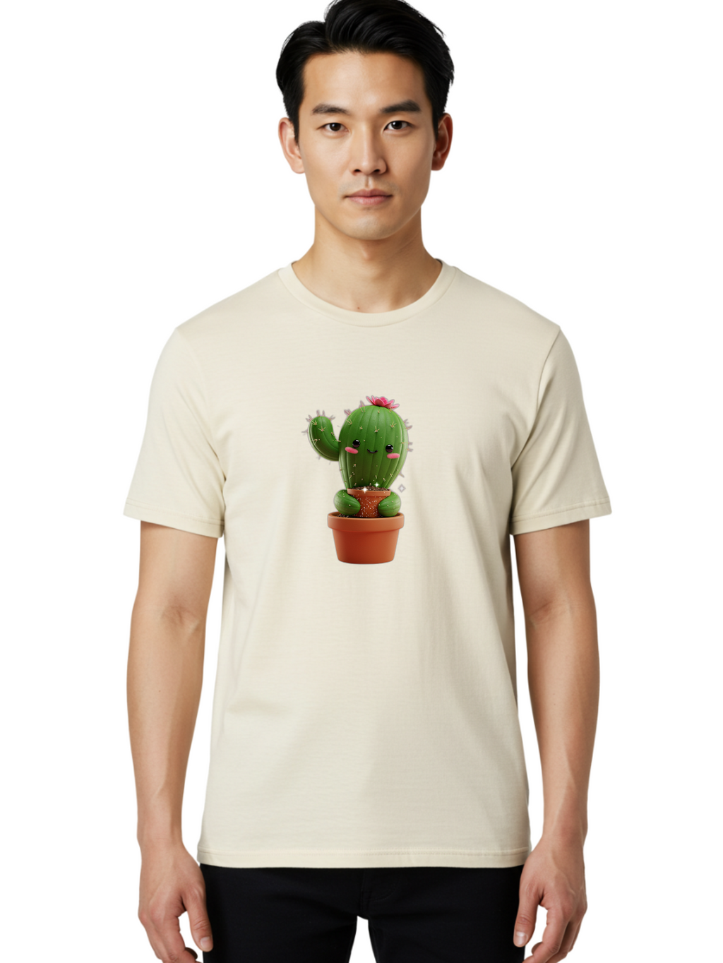 Cactus-With-Pink-Flower Men'S Graphic Tee, 100% Cotton, Comfortable Casual Summer Wear, Machine Washable, Smiling Cactus, Potted Cactus, Cartoon Cactus, Lovely Cactus, Cactus In Pot, Succulent Plant, Cute Character, Kawaii Cactus, Bac762