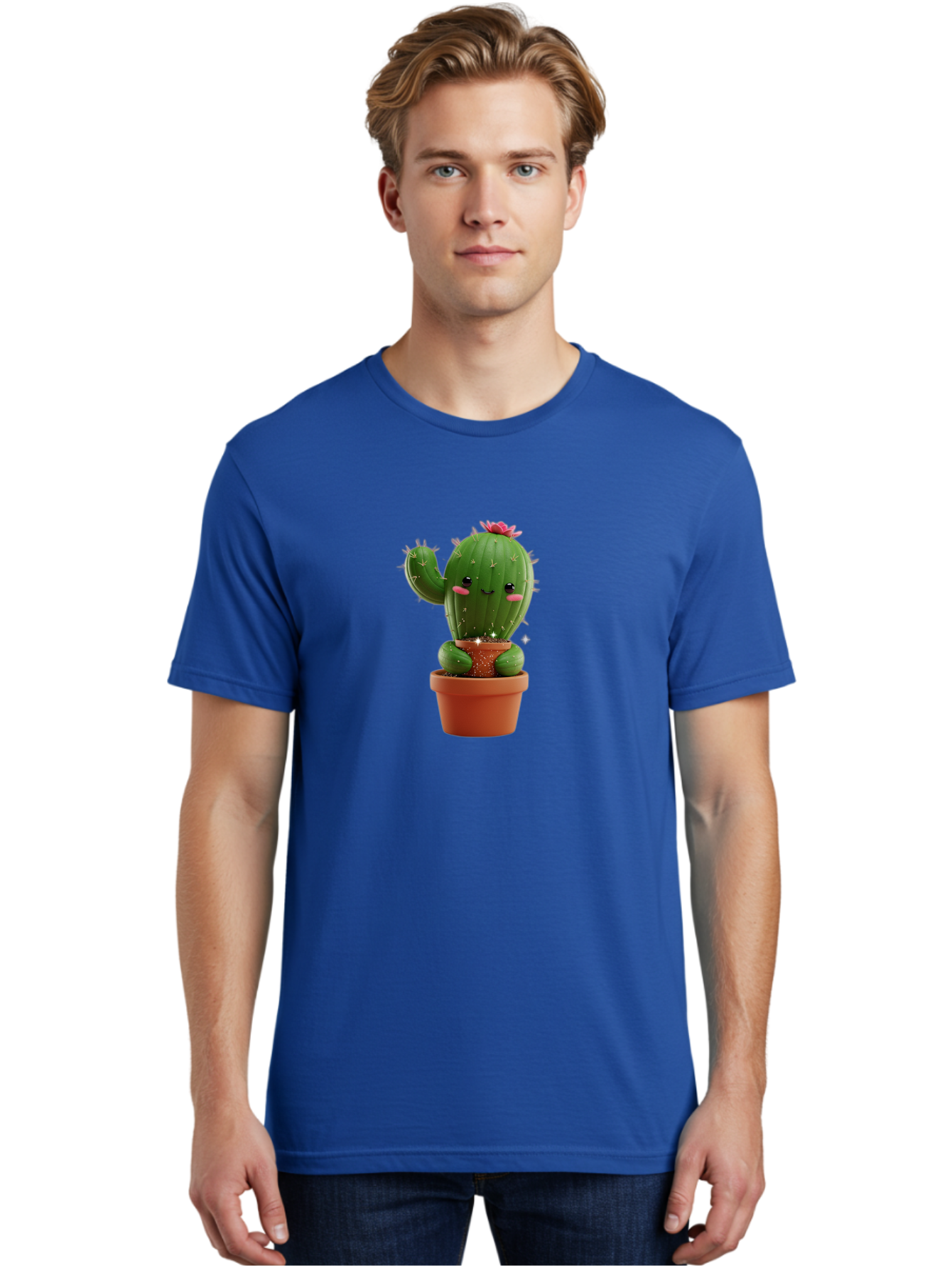 Cactus-With-Pink-Flower Men'S Graphic Tee, 100% Cotton, Comfortable Casual Summer Wear, Machine Washable, Smiling Cactus, Potted Cactus, Cartoon Cactus, Lovely Cactus, Cactus In Pot, Succulent Plant, Cute Character, Kawaii Cactus, Bac762