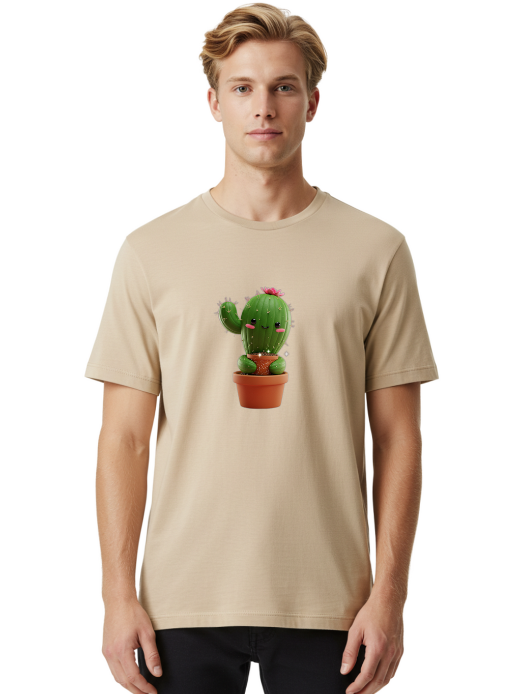 Cactus-With-Pink-Flower Men'S Graphic Tee, 100% Cotton, Comfortable Casual Summer Wear, Machine Washable, Smiling Cactus, Potted Cactus, Cartoon Cactus, Lovely Cactus, Cactus In Pot, Succulent Plant, Cute Character, Kawaii Cactus, Bac762