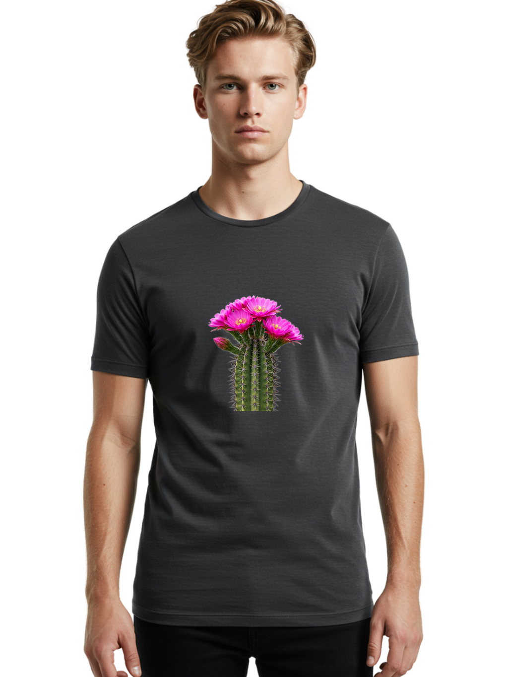 Cactus-With-Pink-Flowers Men'S Graphic Tee, 100% Cotton, Comfortable Casual Summer Wear, Machine Washable, Cactus With Pink Flowers, Vibrant Floral Display, Sharp Spines, Desert Plant, Flowering Cactus, Pink Petals, Yellow Center, Trichocereus Bac763