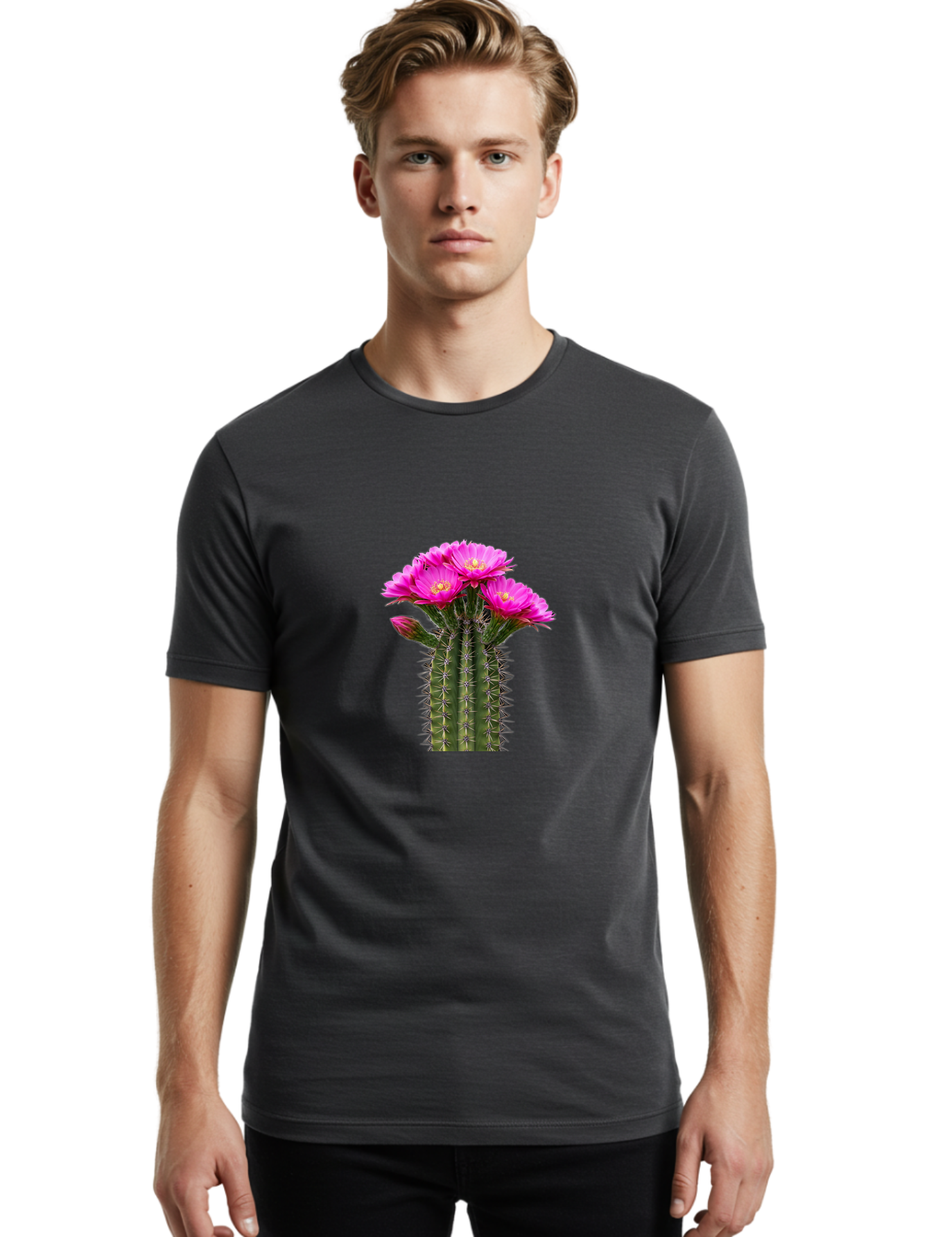 Cactus-With-Pink-Flowers Men'S Graphic Tee, 100% Cotton, Comfortable Casual Summer Wear, Machine Washable, Cactus With Pink Flowers, Vibrant Floral Display, Sharp Spines, Desert Plant, Flowering Cactus, Pink Petals, Yellow Center, Trichocereus Bac763