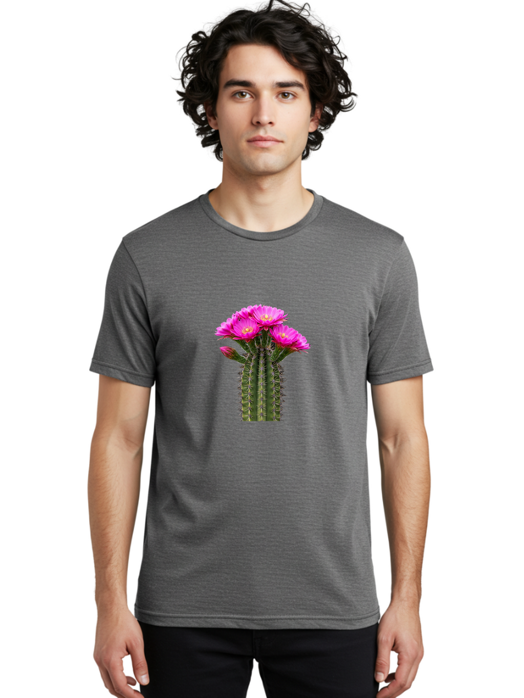 Cactus-With-Pink-Flowers Men'S Graphic Tee, 100% Cotton, Comfortable Casual Summer Wear, Machine Washable, Cactus With Pink Flowers, Vibrant Floral Display, Sharp Spines, Desert Plant, Flowering Cactus, Pink Petals, Yellow Center, Trichocereus Bac763