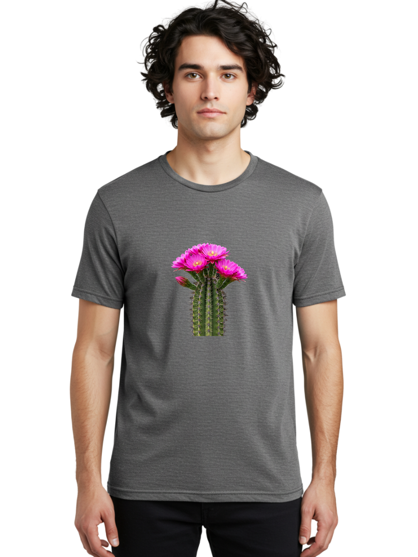 Cactus-With-Pink-Flowers Men'S Graphic Tee, 100% Cotton, Comfortable Casual Summer Wear, Machine Washable, Cactus With Pink Flowers, Vibrant Floral Display, Sharp Spines, Desert Plant, Flowering Cactus, Pink Petals, Yellow Center, Trichocereus Bac763