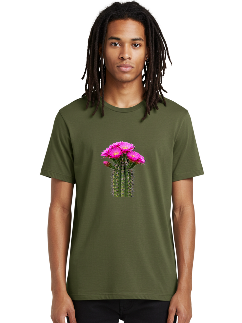 Cactus-With-Pink-Flowers Men'S Graphic Tee, 100% Cotton, Comfortable Casual Summer Wear, Machine Washable, Cactus With Pink Flowers, Vibrant Floral Display, Sharp Spines, Desert Plant, Flowering Cactus, Pink Petals, Yellow Center, Trichocereus Bac763