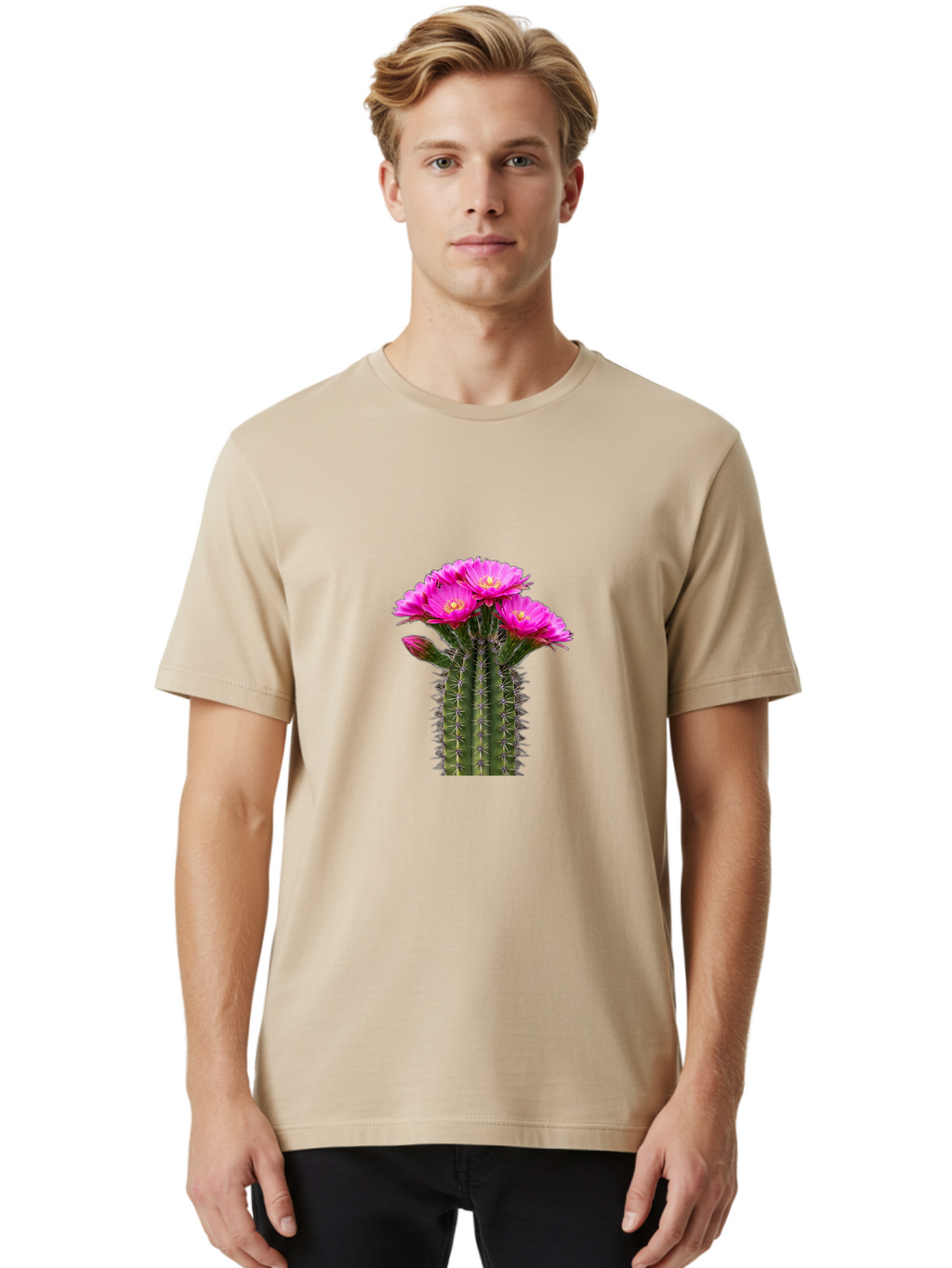 Cactus-With-Pink-Flowers Men'S Graphic Tee, 100% Cotton, Comfortable Casual Summer Wear, Machine Washable, Cactus With Pink Flowers, Vibrant Floral Display, Sharp Spines, Desert Plant, Flowering Cactus, Pink Petals, Yellow Center, Trichocereus Bac763