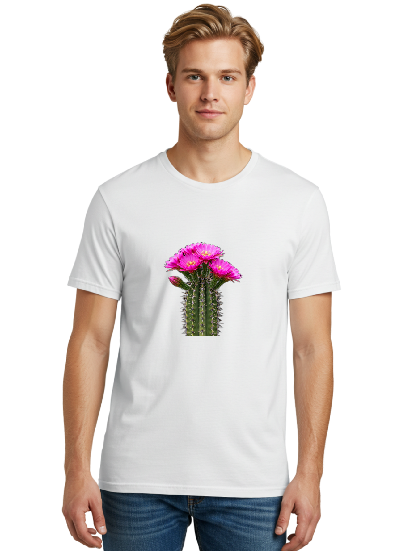 Cactus-With-Pink-Flowers Men'S Graphic Tee, 100% Cotton, Comfortable Casual Summer Wear, Machine Washable, Cactus With Pink Flowers, Vibrant Floral Display, Sharp Spines, Desert Plant, Flowering Cactus, Pink Petals, Yellow Center, Trichocereus Bac763