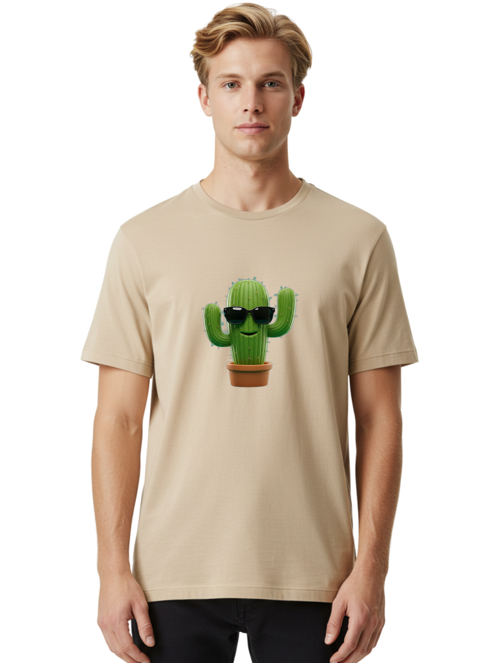 Cactus-With-Sunglasses-1 Men'S Graphic Tee, 100% Cotton, Comfortable Casual Summer Wear, Machine Washable, Cartoon Cactus, Potted Cactus, Sunglasses On Cactus, Cactus Character, Fun Cactus, Quirky Plant, Desert Plant, Funny Cactus, Bac764
