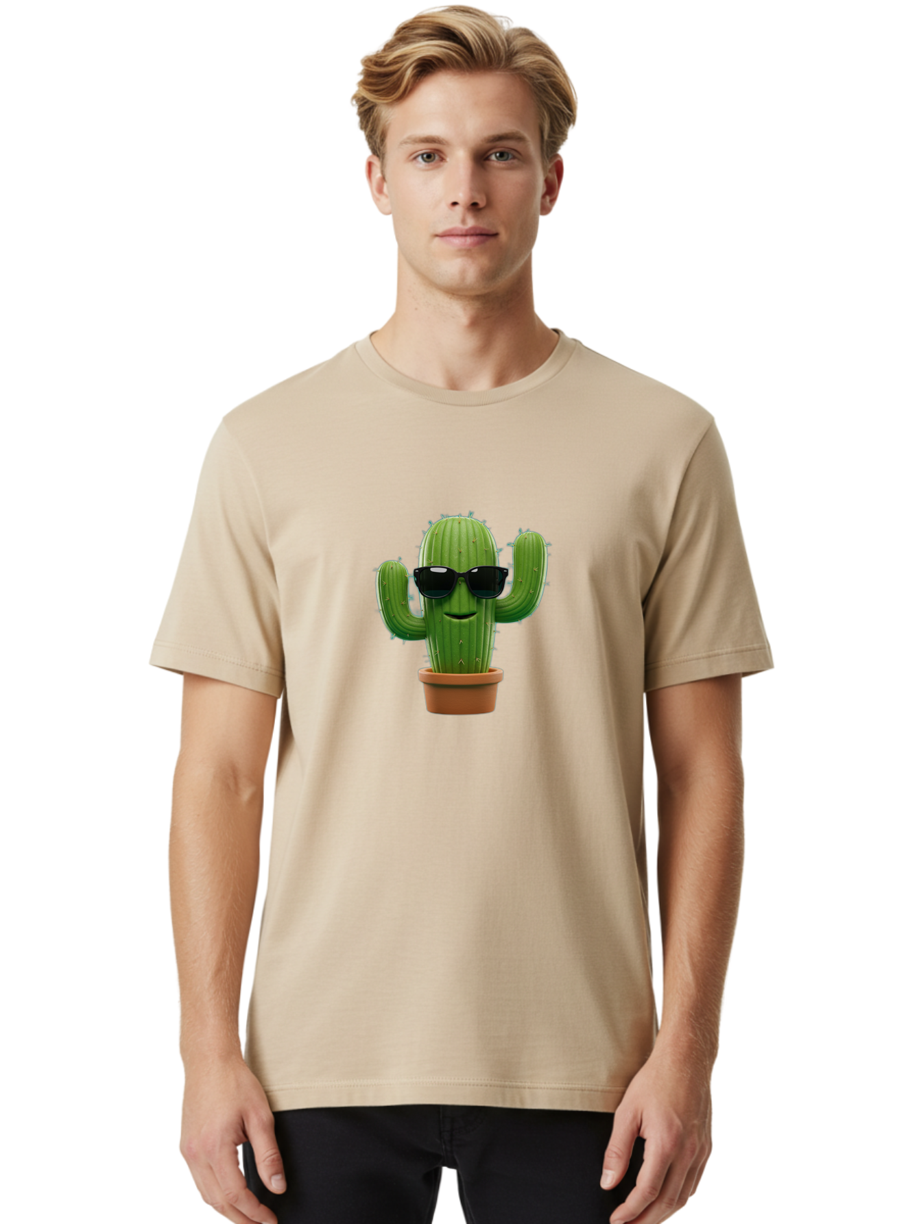 Cactus-With-Sunglasses-1 Men'S Graphic Tee, 100% Cotton, Comfortable Casual Summer Wear, Machine Washable, Cartoon Cactus, Potted Cactus, Sunglasses On Cactus, Cactus Character, Fun Cactus, Quirky Plant, Desert Plant, Funny Cactus, Bac764