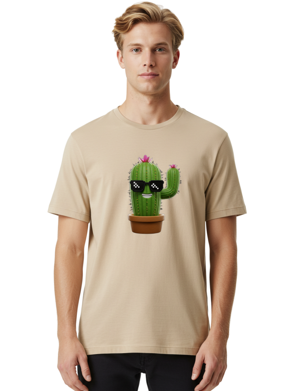 Cactus-With-Sunglasses-2 Men'S Graphic Tee, 100% Cotton, Comfortable Casual Summer Wear, Machine Washable, Cartoon Cactus, Sunglasses, Potted Plant, Cacti With Flowers, Funny Character, Quirky Decor, Digital Art, Kawaii Style Bac765