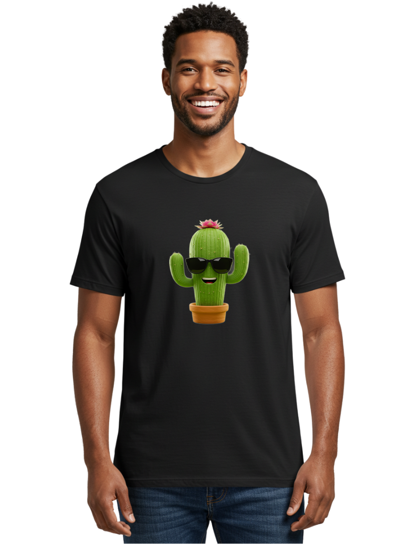 Cactus-With-Sunglasses-3 Men'S Graphic Tee, 100% Cotton, Comfortable Casual Summer Wear, Machine Washable, Cartoon Cactus, Potted Plant, Sunglasses, Smiling Face, Pink Flower, Quirky Character, Fun Design, Modern Illustration, Unique Decor Bac766