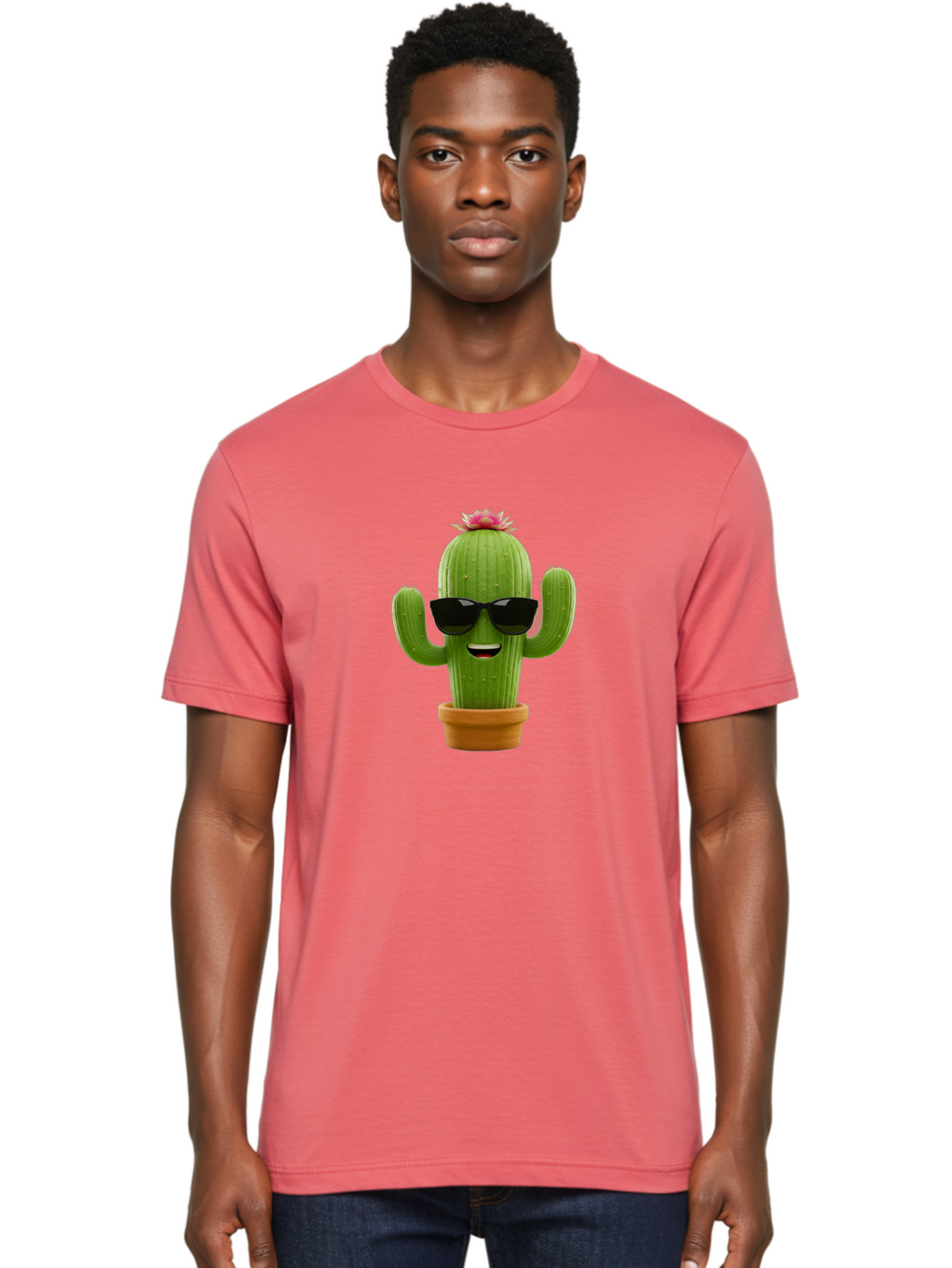 Cactus-With-Sunglasses-3 Men'S Graphic Tee, 100% Cotton, Comfortable Casual Summer Wear, Machine Washable, Cartoon Cactus, Potted Plant, Sunglasses, Smiling Face, Pink Flower, Quirky Character, Fun Design, Modern Illustration, Unique Decor Bac766
