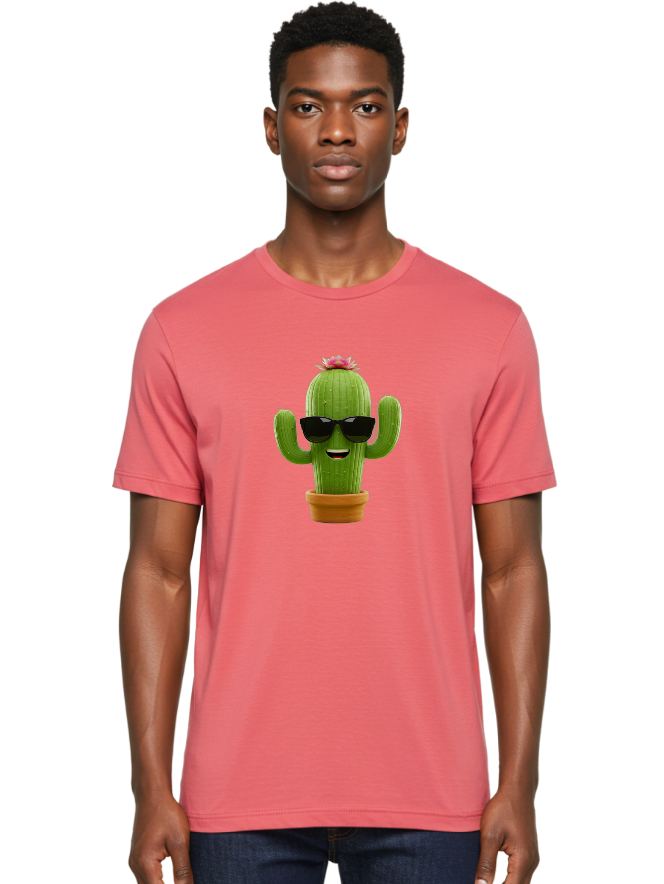 Cactus-With-Sunglasses-3 Men'S Graphic Tee, 100% Cotton, Comfortable Casual Summer Wear, Machine Washable, Cartoon Cactus, Potted Plant, Sunglasses, Smiling Face, Pink Flower, Quirky Character, Fun Design, Modern Illustration, Unique Decor Bac766