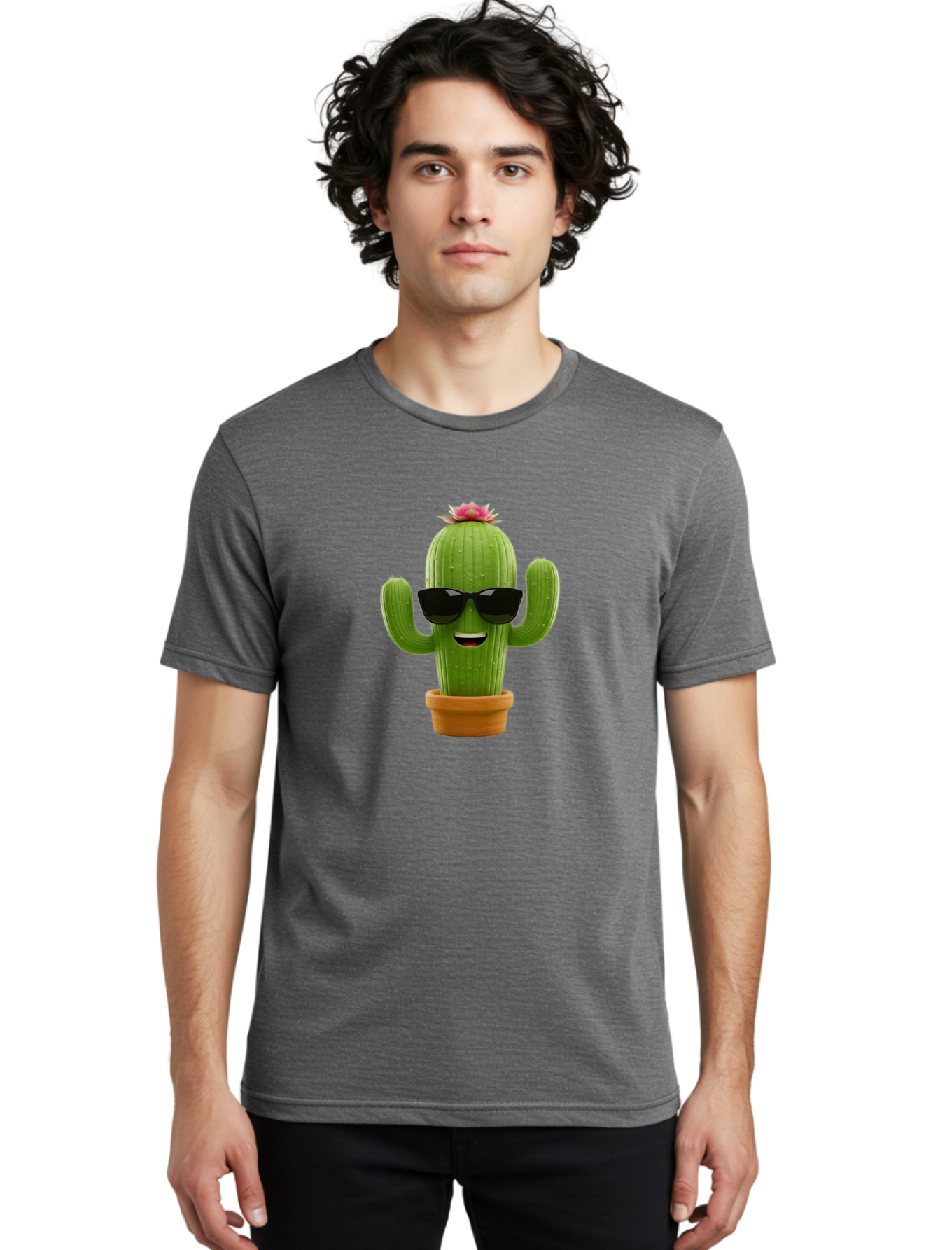 Cactus-With-Sunglasses-3 Men'S Graphic Tee, 100% Cotton, Comfortable Casual Summer Wear, Machine Washable, Cartoon Cactus, Potted Plant, Sunglasses, Smiling Face, Pink Flower, Quirky Character, Fun Design, Modern Illustration, Unique Decor Bac766