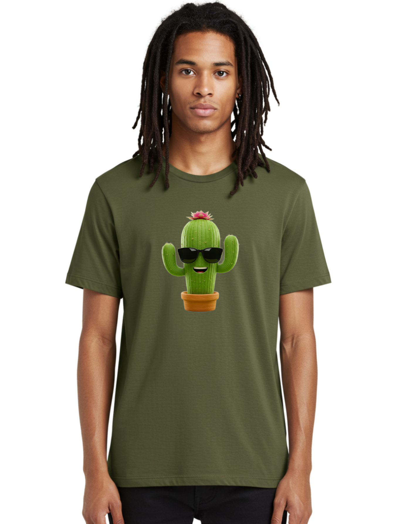 Cactus-With-Sunglasses-3 Men'S Graphic Tee, 100% Cotton, Comfortable Casual Summer Wear, Machine Washable, Cartoon Cactus, Potted Plant, Sunglasses, Smiling Face, Pink Flower, Quirky Character, Fun Design, Modern Illustration, Unique Decor Bac766