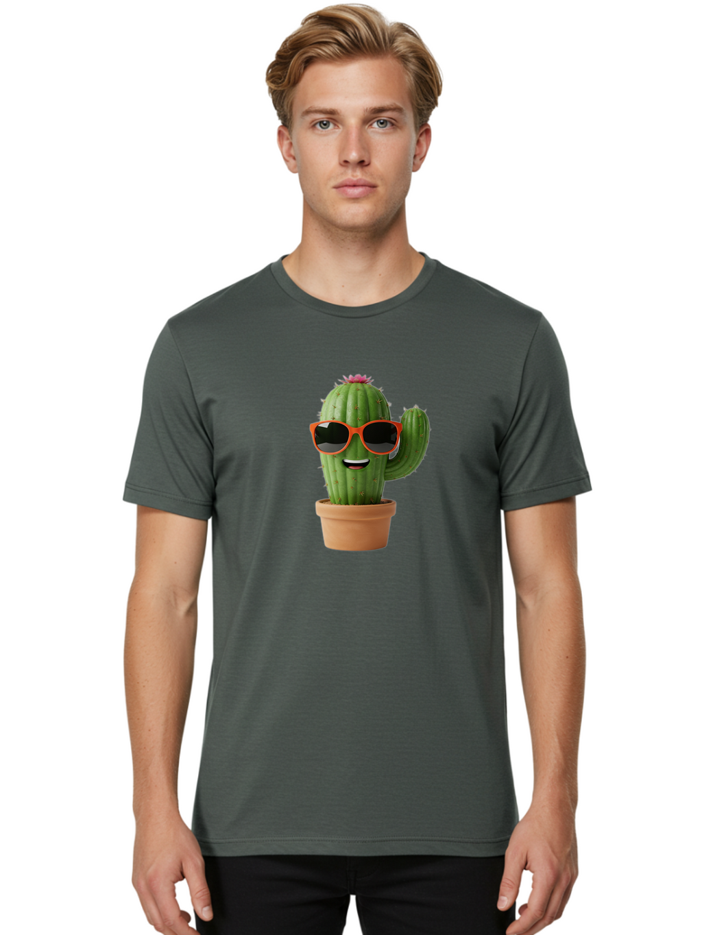 Cactus-With-Sunglasses Men'S Graphic Tee, 100% Cotton, Comfortable Casual Summer Wear, Machine Washable, Funny Cactus, Cartoon Character, Cactus In Sunglasses, Orange Shades, Happy Face, Potted Cactus, Red Sunglasses, Quirky Illustration, Bac767