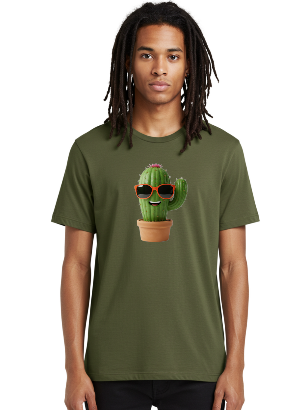 Cactus-With-Sunglasses Men'S Graphic Tee, 100% Cotton, Comfortable Casual Summer Wear, Machine Washable, Funny Cactus, Cartoon Character, Cactus In Sunglasses, Orange Shades, Happy Face, Potted Cactus, Red Sunglasses, Quirky Illustration, Bac767