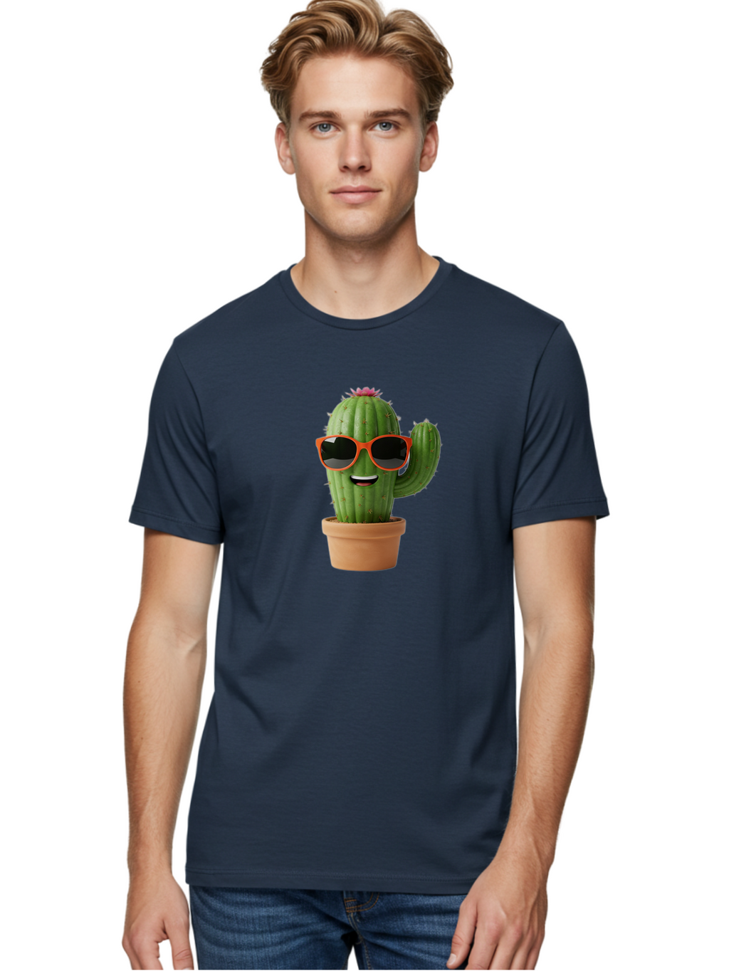 Cactus-With-Sunglasses Men'S Graphic Tee, 100% Cotton, Comfortable Casual Summer Wear, Machine Washable, Funny Cactus, Cartoon Character, Cactus In Sunglasses, Orange Shades, Happy Face, Potted Cactus, Red Sunglasses, Quirky Illustration, Bac767