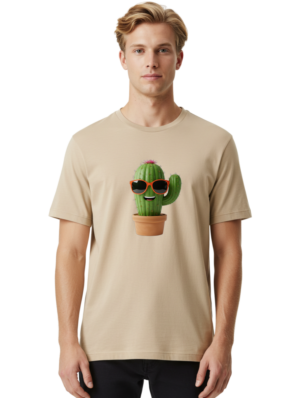 Cactus-With-Sunglasses Men'S Graphic Tee, 100% Cotton, Comfortable Casual Summer Wear, Machine Washable, Funny Cactus, Cartoon Character, Cactus In Sunglasses, Orange Shades, Happy Face, Potted Cactus, Red Sunglasses, Quirky Illustration, Bac767