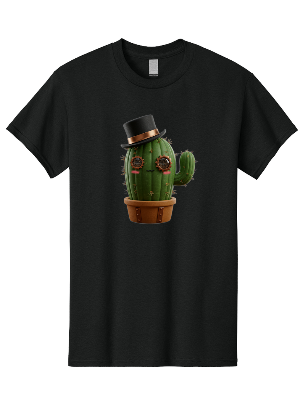 Cactus-With-Top-Hat Men'S Graphic Tee, 100% Cotton, Comfortable Casual Summer Wear, Machine Washable, Steampunk Cactus, Top Hat, Copper Accents, Vintage Vibe, Quirky Character, Fantasy Art, Unique Decor, Creative Design, Steampunk Style Bac768