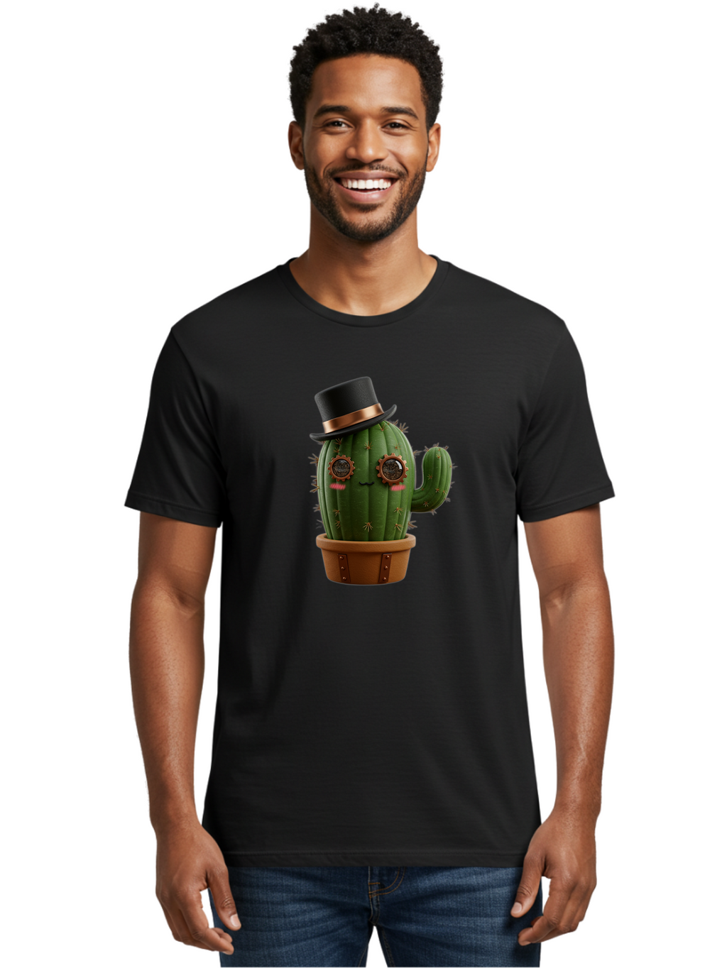 Cactus-With-Top-Hat Men'S Graphic Tee, 100% Cotton, Comfortable Casual Summer Wear, Machine Washable, Steampunk Cactus, Top Hat, Copper Accents, Vintage Vibe, Quirky Character, Fantasy Art, Unique Decor, Creative Design, Steampunk Style Bac768
