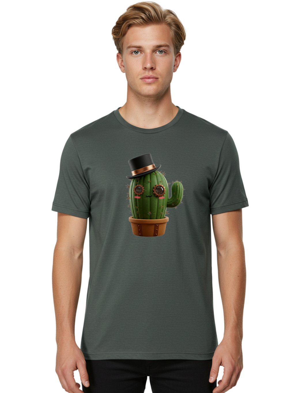 Cactus-With-Top-Hat Men'S Graphic Tee, 100% Cotton, Comfortable Casual Summer Wear, Machine Washable, Steampunk Cactus, Top Hat, Copper Accents, Vintage Vibe, Quirky Character, Fantasy Art, Unique Decor, Creative Design, Steampunk Style Bac768