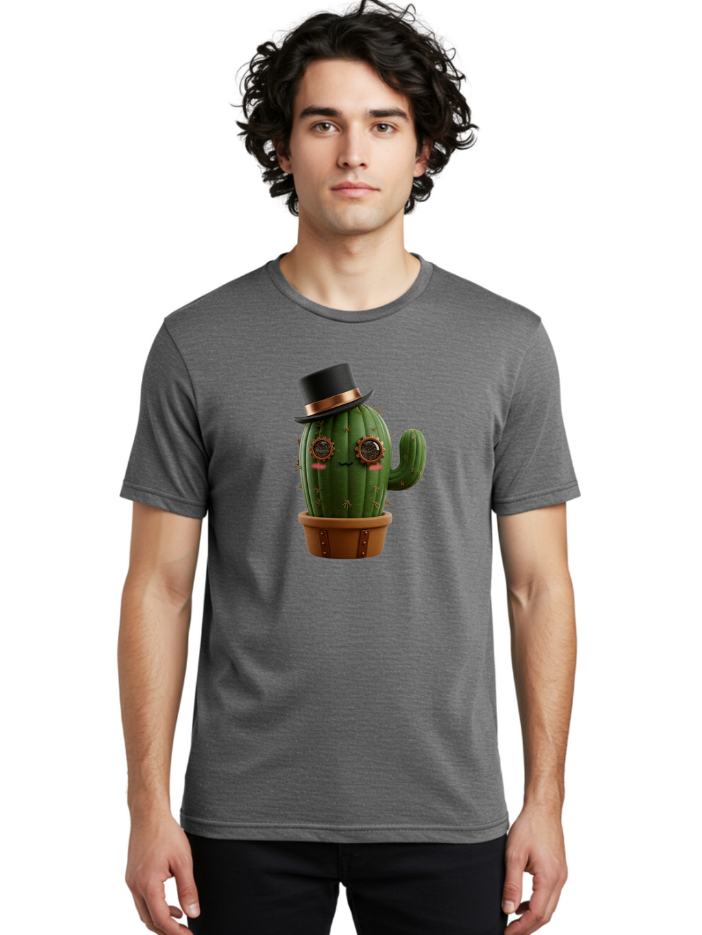 Cactus-With-Top-Hat Men'S Graphic Tee, 100% Cotton, Comfortable Casual Summer Wear, Machine Washable, Steampunk Cactus, Top Hat, Copper Accents, Vintage Vibe, Quirky Character, Fantasy Art, Unique Decor, Creative Design, Steampunk Style Bac768