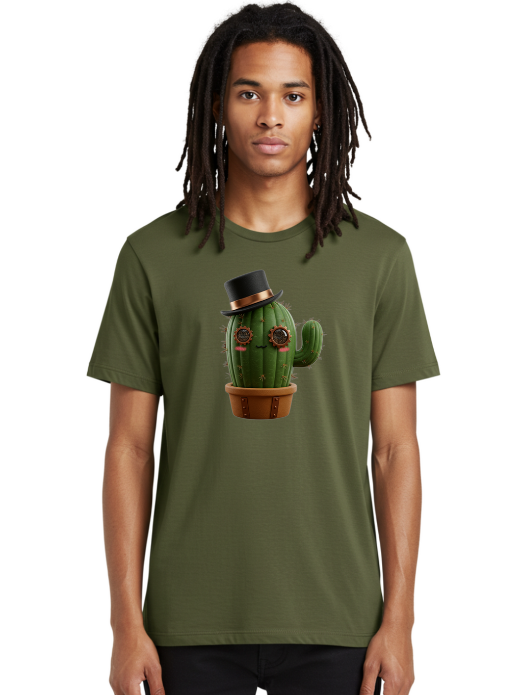 Cactus-With-Top-Hat Men'S Graphic Tee, 100% Cotton, Comfortable Casual Summer Wear, Machine Washable, Steampunk Cactus, Top Hat, Copper Accents, Vintage Vibe, Quirky Character, Fantasy Art, Unique Decor, Creative Design, Steampunk Style Bac768