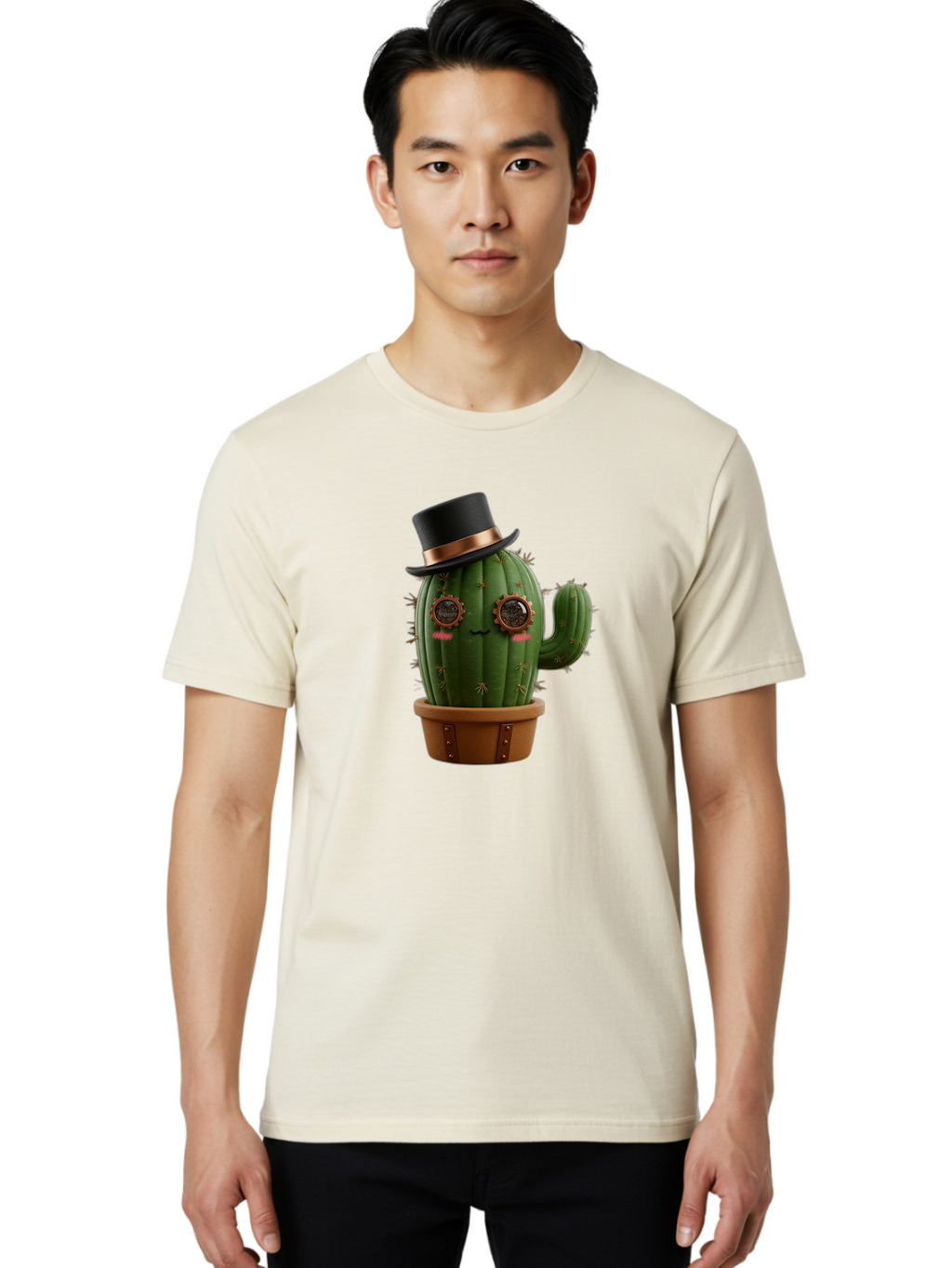 Cactus-With-Top-Hat Men'S Graphic Tee, 100% Cotton, Comfortable Casual Summer Wear, Machine Washable, Steampunk Cactus, Top Hat, Copper Accents, Vintage Vibe, Quirky Character, Fantasy Art, Unique Decor, Creative Design, Steampunk Style Bac768