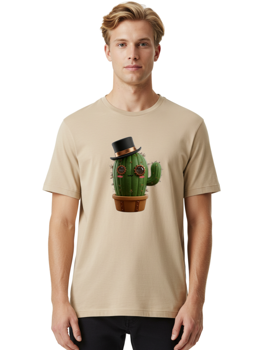 Cactus-With-Top-Hat Men'S Graphic Tee, 100% Cotton, Comfortable Casual Summer Wear, Machine Washable, Steampunk Cactus, Top Hat, Copper Accents, Vintage Vibe, Quirky Character, Fantasy Art, Unique Decor, Creative Design, Steampunk Style Bac768