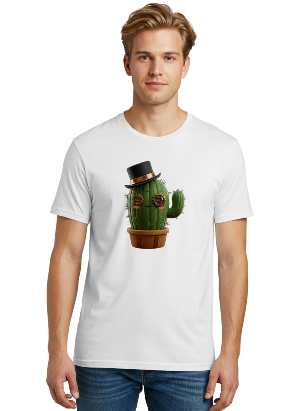 Cactus-With-Top-Hat Men'S Graphic Tee, 100% Cotton, Comfortable Casual Summer Wear, Machine Washable, Steampunk Cactus, Top Hat, Copper Accents, Vintage Vibe, Quirky Character, Fantasy Art, Unique Decor, Creative Design, Steampunk Style Bac768