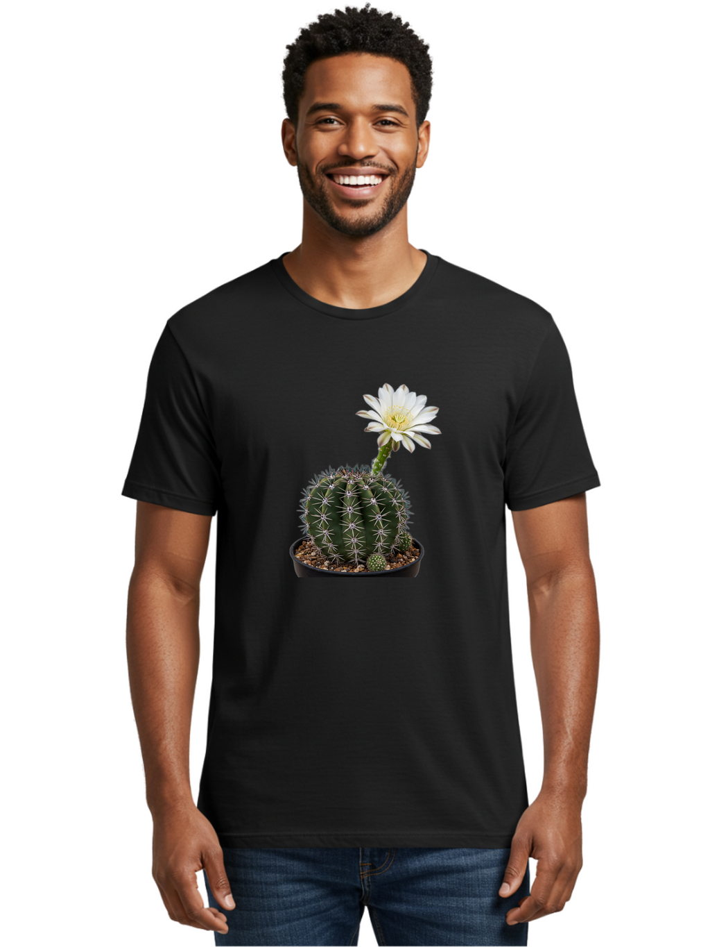 Cactus-With-White-Flower Men'S Graphic Tee, 100% Cotton, Comfortable Casual Summer Wear, Machine Washable, Cactus Plant, White Flower, Yellow Center, Spiky Texture, Potted Cactus, Succulent Bloom, Desert Flora, Floral Beauty, Cactus Flower, Bac769