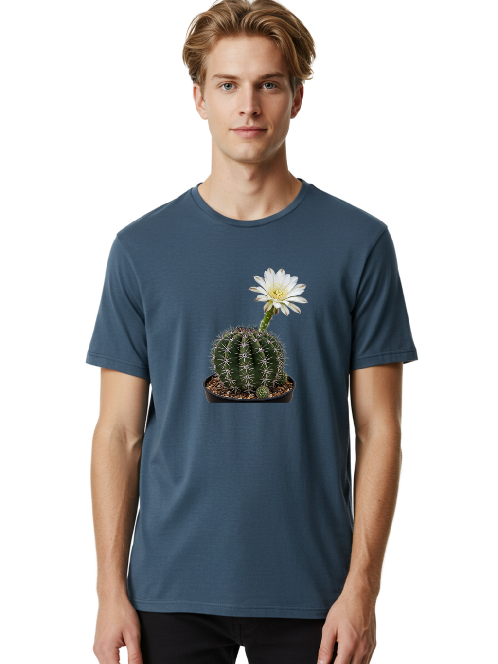 Cactus-With-White-Flower Men'S Graphic Tee, 100% Cotton, Comfortable Casual Summer Wear, Machine Washable, Cactus Plant, White Flower, Yellow Center, Spiky Texture, Potted Cactus, Succulent Bloom, Desert Flora, Floral Beauty, Cactus Flower, Bac769