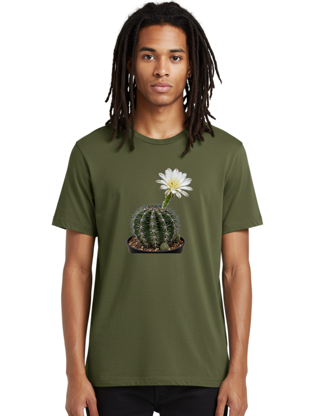 Cactus-With-White-Flower Men'S Graphic Tee, 100% Cotton, Comfortable Casual Summer Wear, Machine Washable, Cactus Plant, White Flower, Yellow Center, Spiky Texture, Potted Cactus, Succulent Bloom, Desert Flora, Floral Beauty, Cactus Flower, Bac769