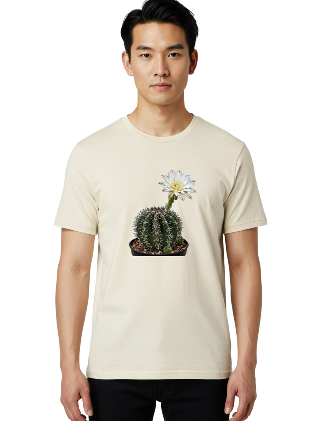 Cactus-With-White-Flower Men'S Graphic Tee, 100% Cotton, Comfortable Casual Summer Wear, Machine Washable, Cactus Plant, White Flower, Yellow Center, Spiky Texture, Potted Cactus, Succulent Bloom, Desert Flora, Floral Beauty, Cactus Flower, Bac769