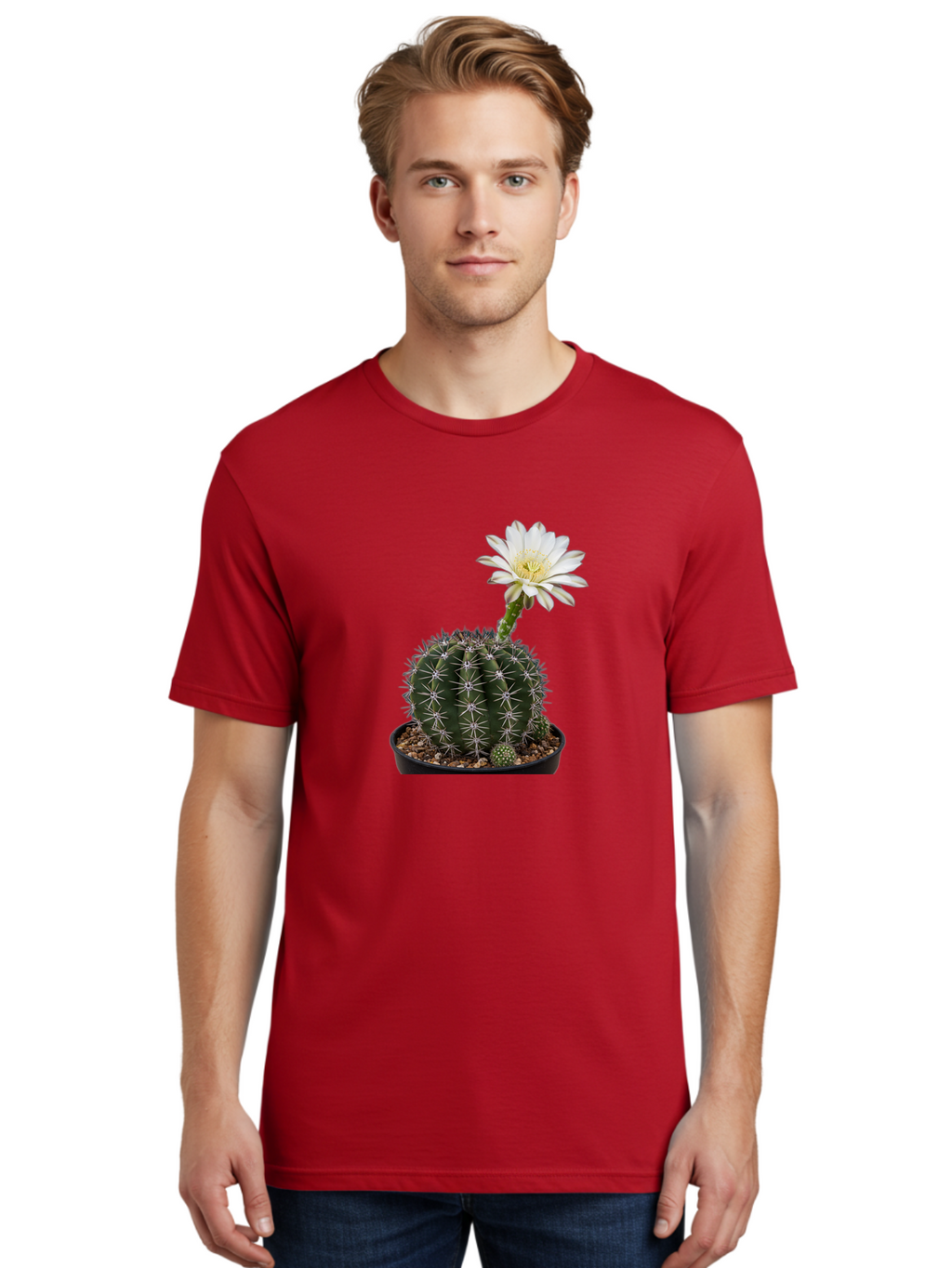 Cactus-With-White-Flower Men'S Graphic Tee, 100% Cotton, Comfortable Casual Summer Wear, Machine Washable, Cactus Plant, White Flower, Yellow Center, Spiky Texture, Potted Cactus, Succulent Bloom, Desert Flora, Floral Beauty, Cactus Flower, Bac769