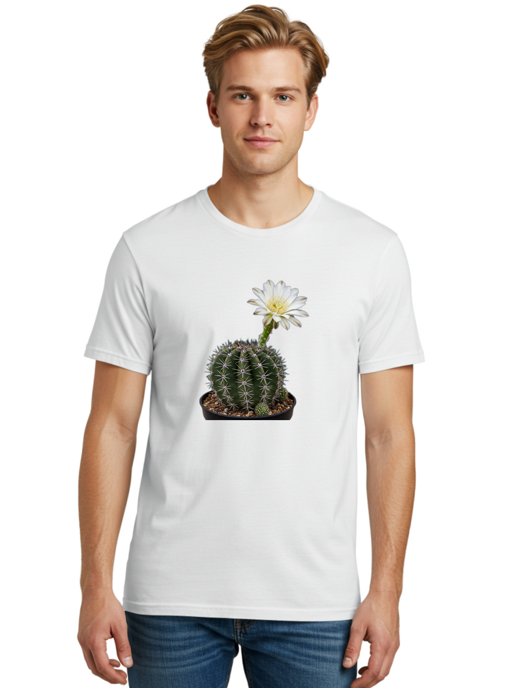 Cactus-With-White-Flower Men'S Graphic Tee, 100% Cotton, Comfortable Casual Summer Wear, Machine Washable, Cactus Plant, White Flower, Yellow Center, Spiky Texture, Potted Cactus, Succulent Bloom, Desert Flora, Floral Beauty, Cactus Flower, Bac769
