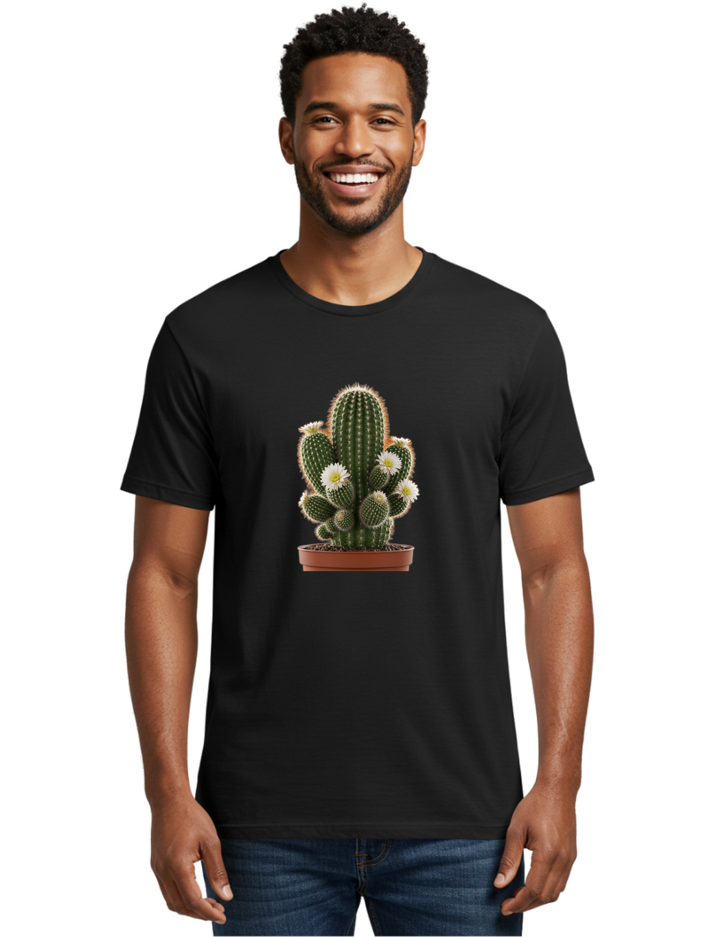 Cactus-With-White-Flowers Men'S Graphic Tee, 100% Cotton, Comfortable Casual Summer Wear, Machine Washable, Cactus Plant, White Flowers, Spiky Texture, Potted Cactus, Blooming Cactus, Desert Plants, Succulent Garden, Houseplants, Bac770