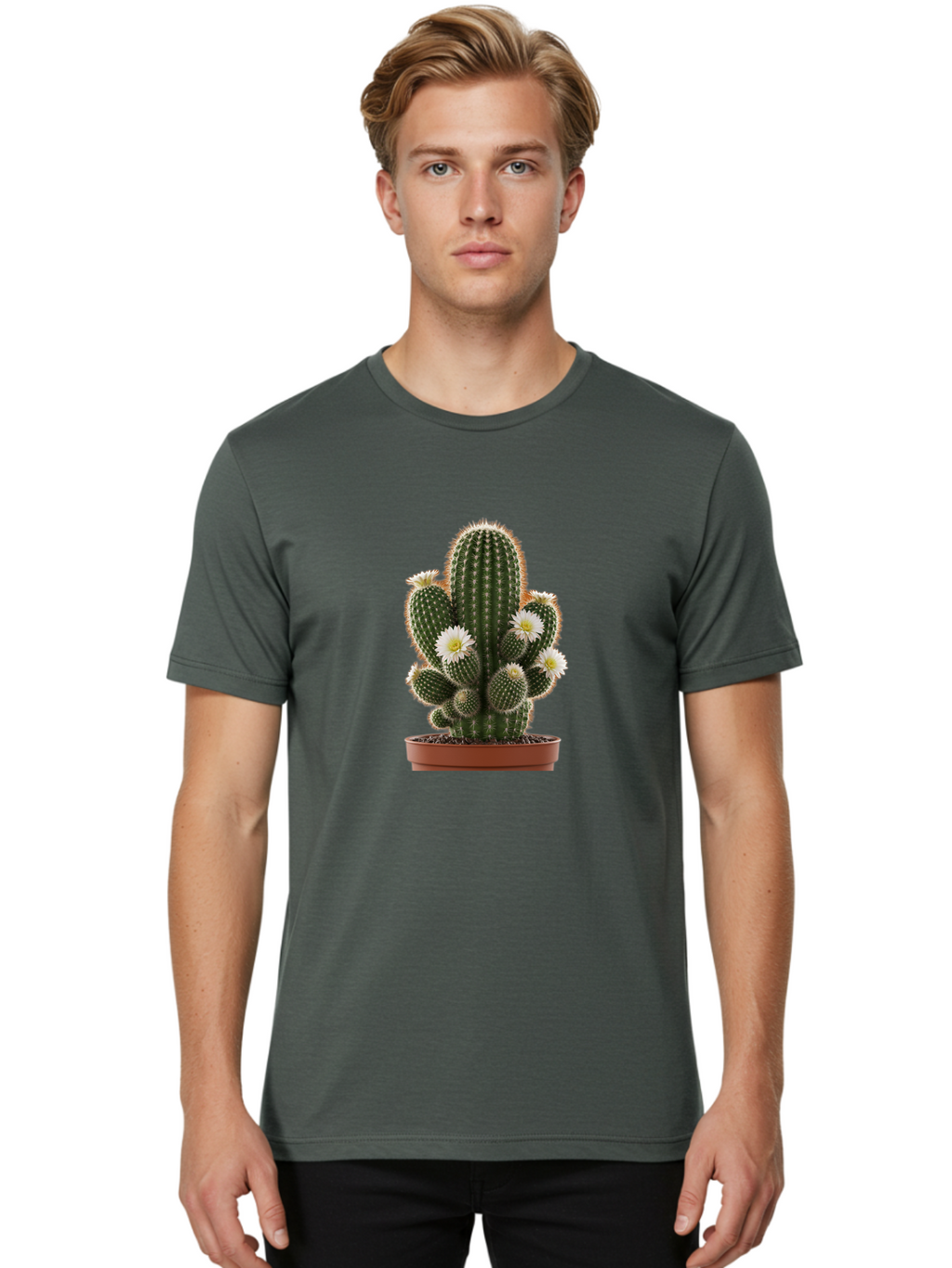 Cactus-With-White-Flowers Men'S Graphic Tee, 100% Cotton, Comfortable Casual Summer Wear, Machine Washable, Cactus Plant, White Flowers, Spiky Texture, Potted Cactus, Blooming Cactus, Desert Plants, Succulent Garden, Houseplants, Bac770