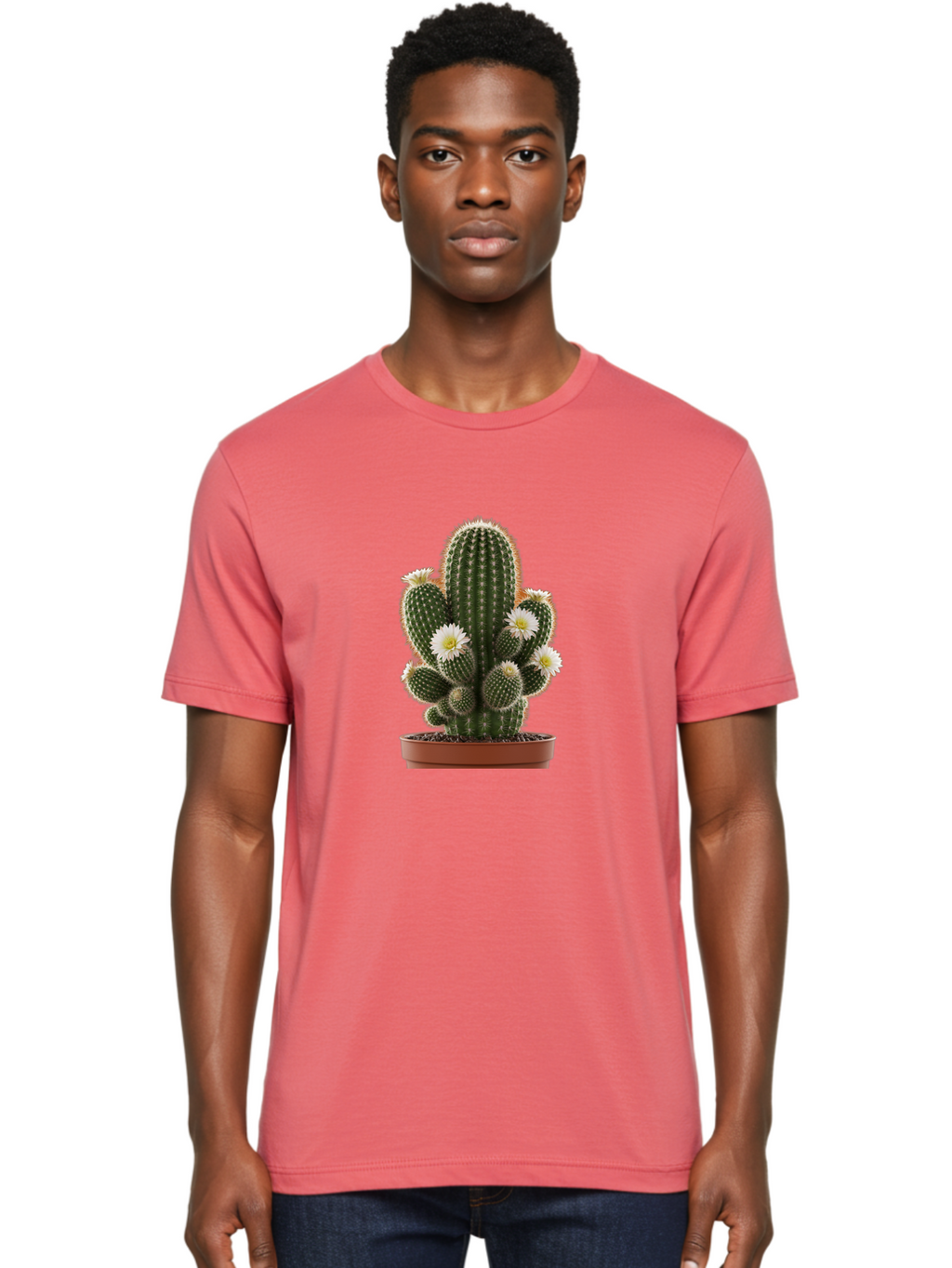 Cactus-With-White-Flowers Men'S Graphic Tee, 100% Cotton, Comfortable Casual Summer Wear, Machine Washable, Cactus Plant, White Flowers, Spiky Texture, Potted Cactus, Blooming Cactus, Desert Plants, Succulent Garden, Houseplants, Bac770