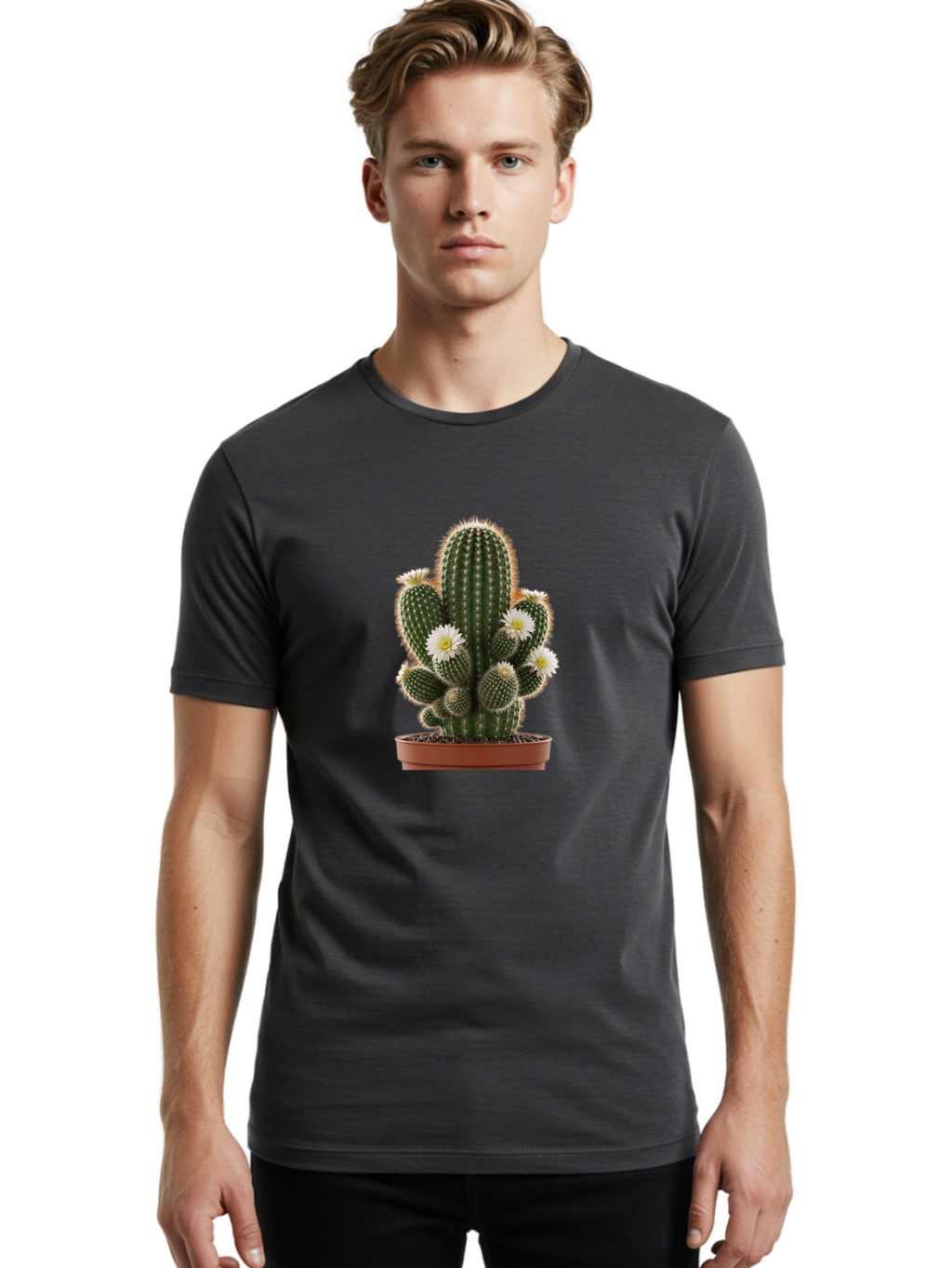 Cactus-With-White-Flowers Men'S Graphic Tee, 100% Cotton, Comfortable Casual Summer Wear, Machine Washable, Cactus Plant, White Flowers, Spiky Texture, Potted Cactus, Blooming Cactus, Desert Plants, Succulent Garden, Houseplants, Bac770