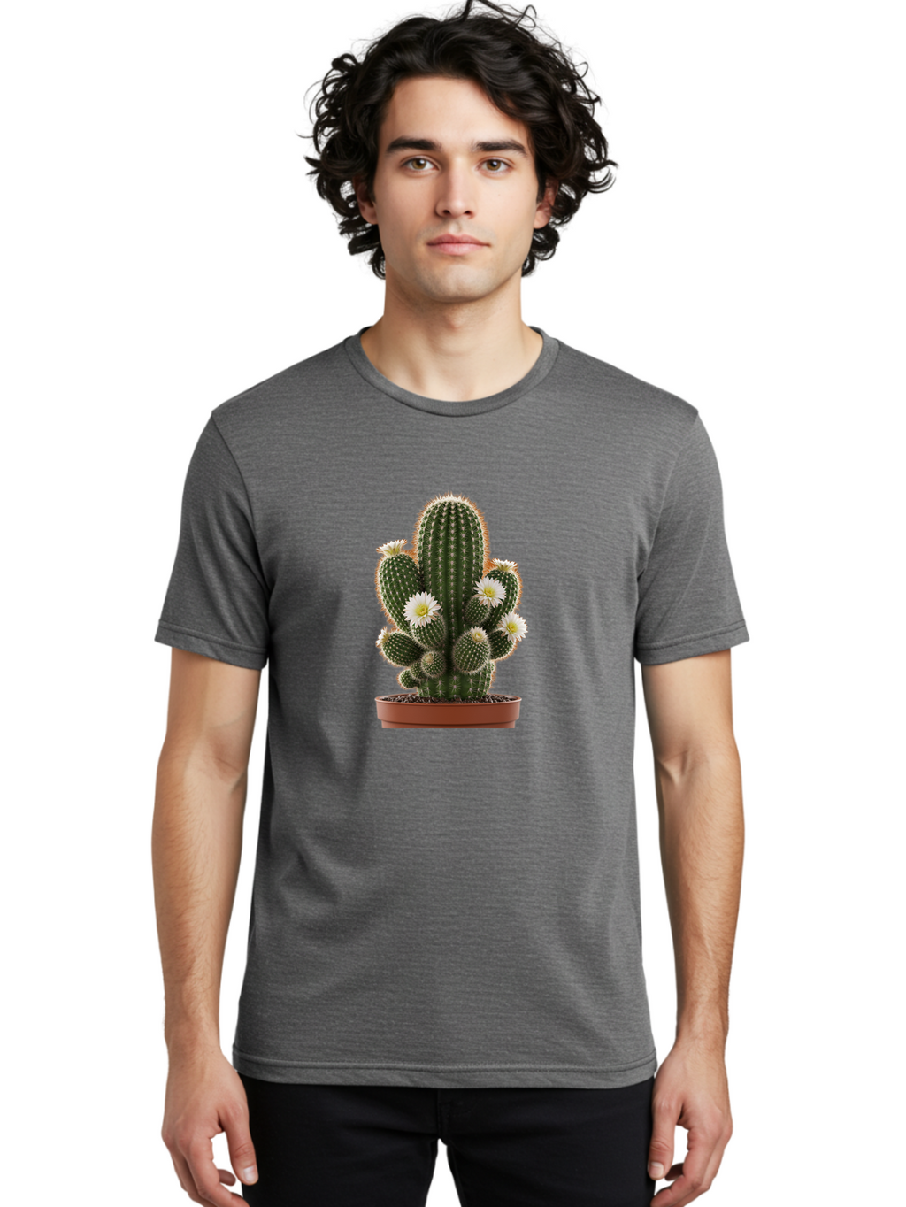 Cactus-With-White-Flowers Men'S Graphic Tee, 100% Cotton, Comfortable Casual Summer Wear, Machine Washable, Cactus Plant, White Flowers, Spiky Texture, Potted Cactus, Blooming Cactus, Desert Plants, Succulent Garden, Houseplants, Bac770