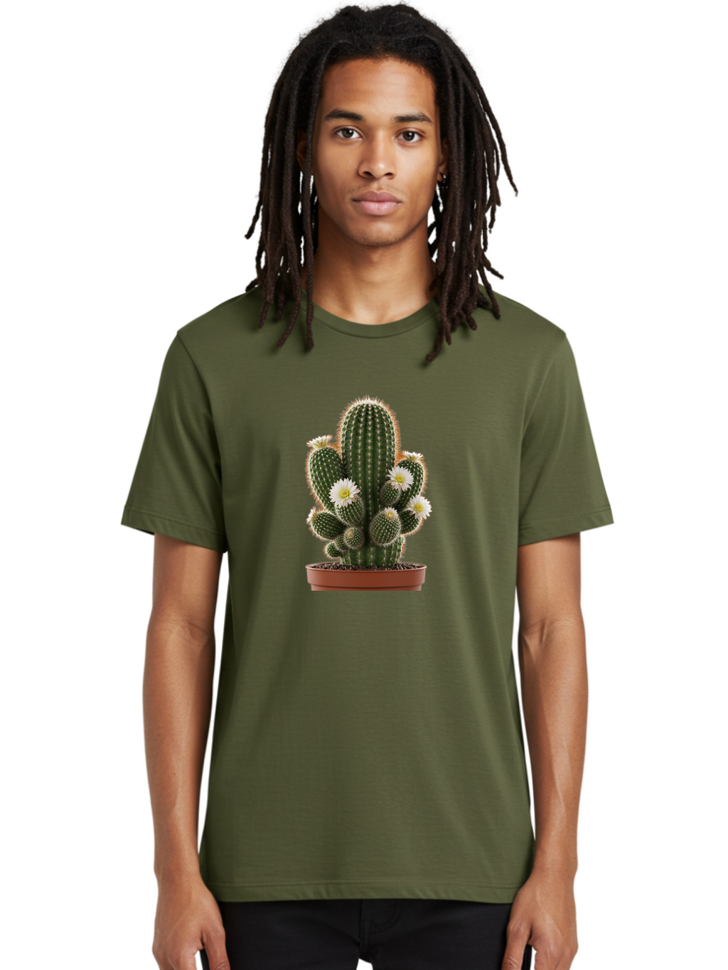 Cactus-With-White-Flowers Men'S Graphic Tee, 100% Cotton, Comfortable Casual Summer Wear, Machine Washable, Cactus Plant, White Flowers, Spiky Texture, Potted Cactus, Blooming Cactus, Desert Plants, Succulent Garden, Houseplants, Bac770