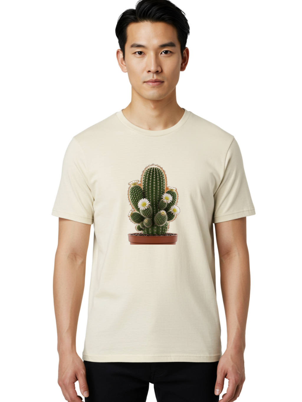 Cactus-With-White-Flowers Men'S Graphic Tee, 100% Cotton, Comfortable Casual Summer Wear, Machine Washable, Cactus Plant, White Flowers, Spiky Texture, Potted Cactus, Blooming Cactus, Desert Plants, Succulent Garden, Houseplants, Bac770