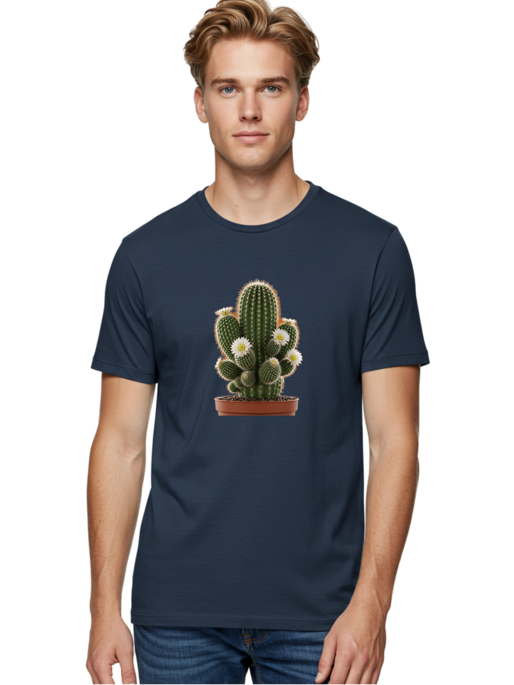 Cactus-With-White-Flowers Men'S Graphic Tee, 100% Cotton, Comfortable Casual Summer Wear, Machine Washable, Cactus Plant, White Flowers, Spiky Texture, Potted Cactus, Blooming Cactus, Desert Plants, Succulent Garden, Houseplants, Bac770