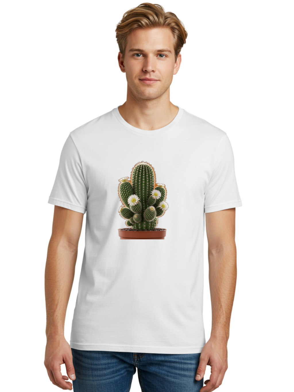 Cactus-With-White-Flowers Men'S Graphic Tee, 100% Cotton, Comfortable Casual Summer Wear, Machine Washable, Cactus Plant, White Flowers, Spiky Texture, Potted Cactus, Blooming Cactus, Desert Plants, Succulent Garden, Houseplants, Bac770