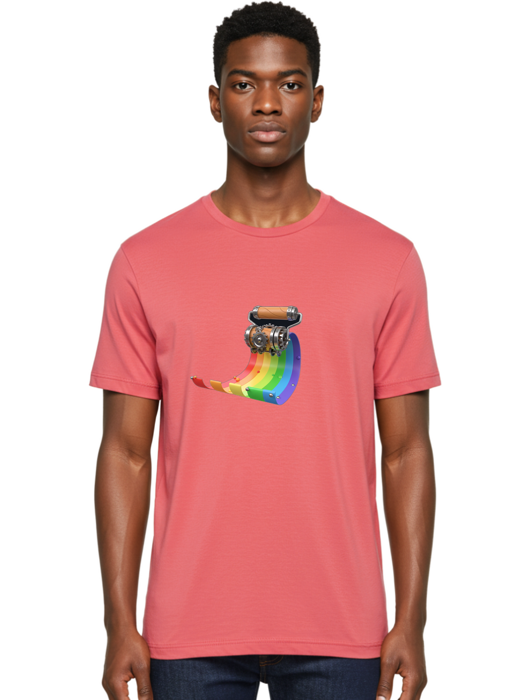 Camera-On-Strip Men'S Graphic Tee, 100% Cotton, Comfortable Casual Summer Wear, Machine Washable, Steampunk Machinery, Industrial Design, Rainbow-Colored Metal, 3D Rendering, Futuristic Technology, Retro-Futurism, Imaginative Concept, Bac772