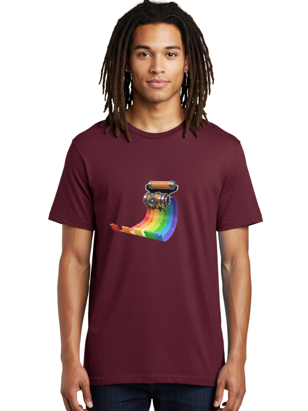 Camera-On-Strip Men'S Graphic Tee, 100% Cotton, Comfortable Casual Summer Wear, Machine Washable, Steampunk Machinery, Industrial Design, Rainbow-Colored Metal, 3D Rendering, Futuristic Technology, Retro-Futurism, Imaginative Concept, Bac772