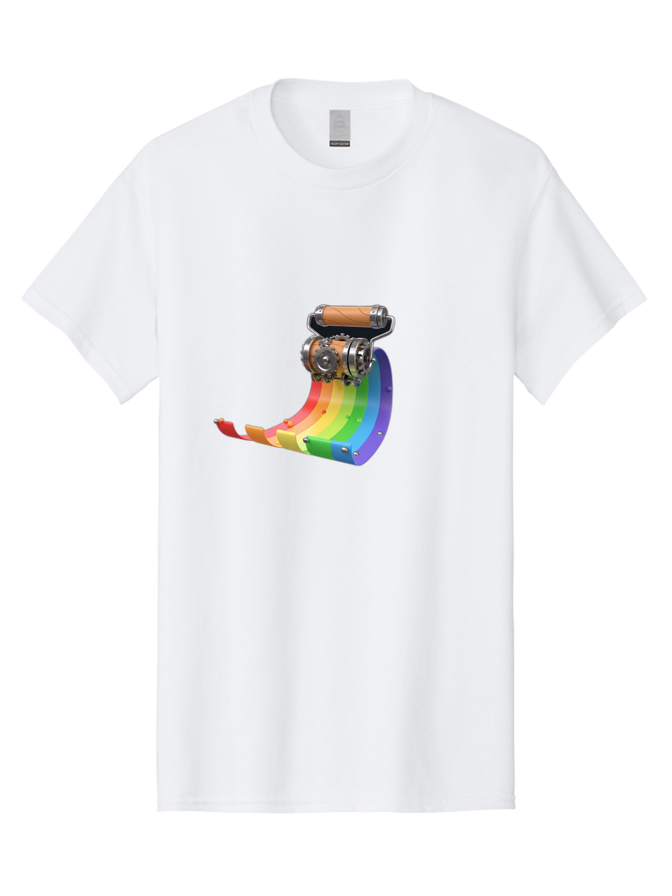Camera-On-Strip Men'S Graphic Tee, 100% Cotton, Comfortable Casual Summer Wear, Machine Washable, Steampunk Machinery, Industrial Design, Rainbow-Colored Metal, 3D Rendering, Futuristic Technology, Retro-Futurism, Imaginative Concept, Bac772