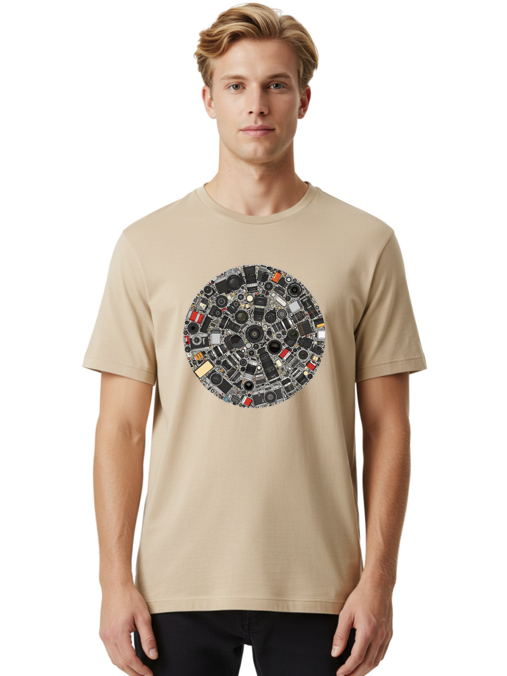 Camera-Parts-Mosaic Men'S Graphic Tee, 100% Cotton, Comfortable Casual Summer Wear, Machine Washable, Camera Parts, Lenses, Photography Equipment, Vintage Cameras, Camera Accessories, Photography Gear, Camera Lenses, Camera Collage, Bac773
